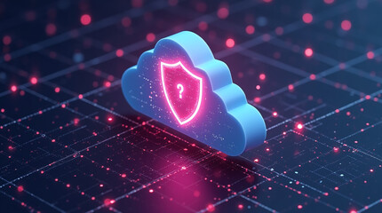 cyber shield protecting a glowing cloud, floating in digital space, network grid in background, 3D concept