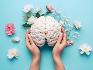 Hands holding paper head human brain with flowers