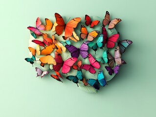 Human brain made of multi-colored butterflies on light green background