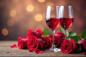 Elegant wine glasses & roses, festive setting, flowers, beautiful, red wine