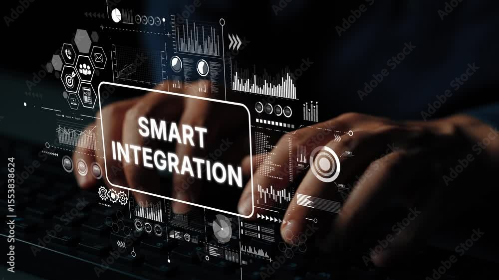 Poster hands typing on keyboard with digital interface for smart integration in technology and data analysi