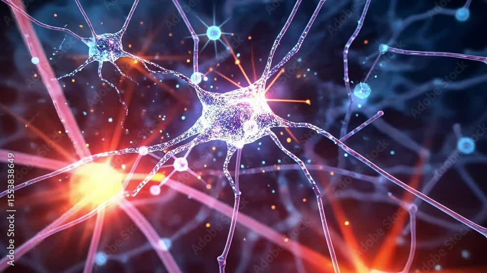 Poster complex network of interconnected neurons transmitting electrical signals across synapses, forming t