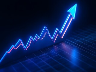 Neon Blue Glowing Up Arrow Chart On Dark Background, Growth, And Success Concept