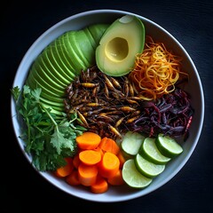 Nutritious protein bowl featuring edible insects avocado