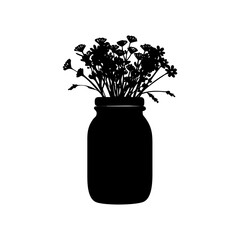 Silhouette of delicate wildflowers in a glass mason jar isolated on white background isolated on transparent background