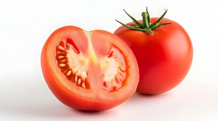 On a white background a tomato that is fully ripe