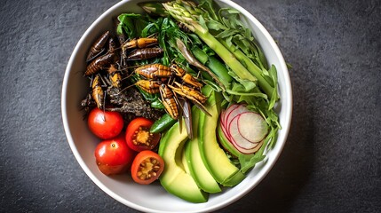 Nutritious protein bowl featuring edible insects avocado