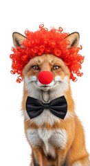 Obraz premium A fox dressed as a clown with a colorful wig, red nose, and bow tie. Humorous and surreal animal portrait on white background
