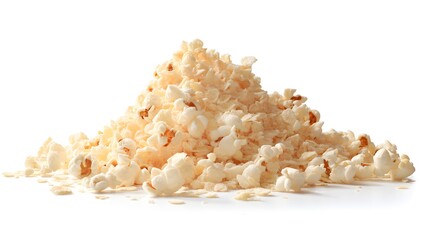 Popcorn flakes arranged in a mound on a bright white background