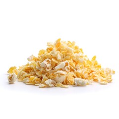 Popcorn flakes arranged in a mound on a bright white background