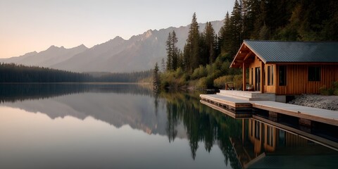 Fototapeta premium A serene cabin nestled on the tranquil shore of a lake, surrounded by towering pine trees and majestic mountains in the backdrop