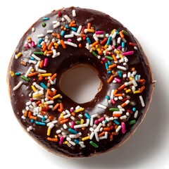 Round chocolate donut with sprinkles on top on white background