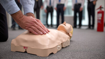 A demonstration of CPR shows hands performing chest compressions and rescue breaths, emphasizing life-saving first aid skills