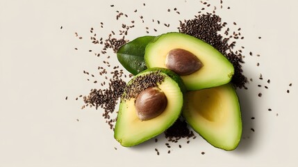 Sliced ​​avocado with seeds against white background