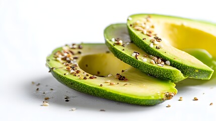Sliced ​​avocado with seeds against white background