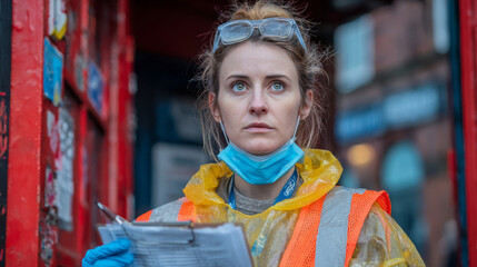 A female EMS worker in protective gear holds patient documents outside a healthcare facility during the UK/US COVID-19 crisis