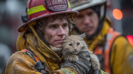 A firefighter clad in protective clothing holds a rescued cat, while a second responder stands near a fire truck--capturing the essence of emergency action