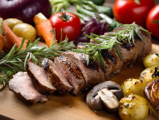 Sliced ​​grilled steak resting on rosemary sprig with vegetables