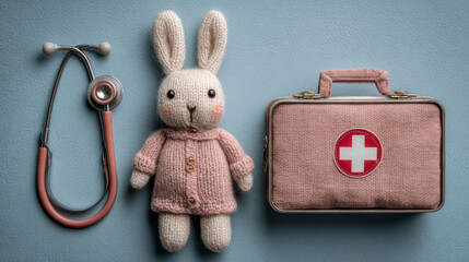 A playful first aid kit setup includes a toy bunny and stethoscope, photographed against a blue background from above