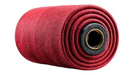 A red fire hose, tightly rolled and photographed with a white background and clipping path for design purposes