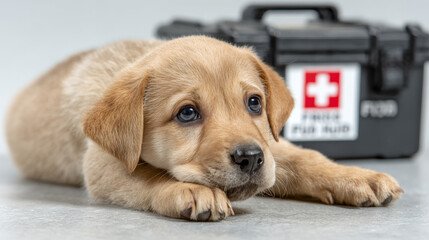 A sick or injured puppy lies beside a first aid kit box, isolated against a white background