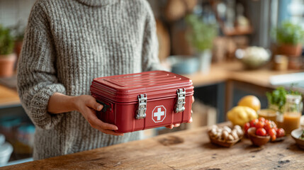 A woman handles a home first aid kit in her kitchen, emphasizing emergency preparedness