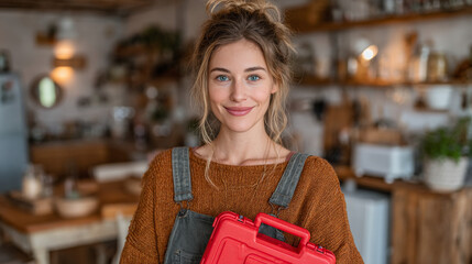 A woman stands in her kitchen holding a home first aid kit, ready for potential medical emergencies