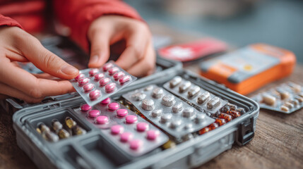 A woman's hands organize a blister pack of pills inside a first aid kit, illustrating medical preparedness and proper storage