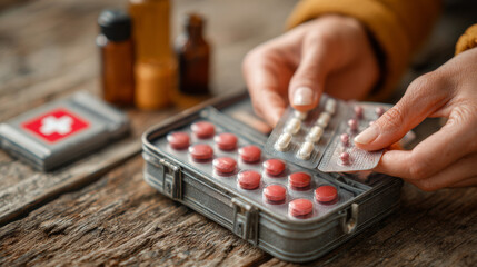 A woman's hands organize a blister pack of pills inside a first aid kit, illustrating medical preparedness and proper storage