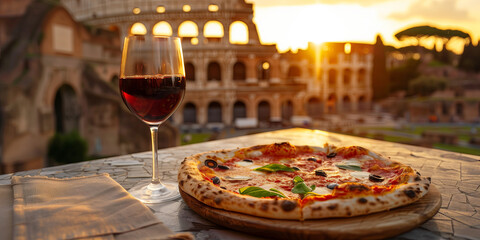 Freshly baked Italian pizza on a rustic plate and a glass of red wine on a table, with a view of the Colosseum in Rome in the background.