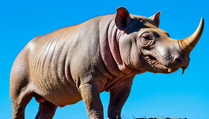 Fototapeta premium Majestic Rhinoceros Against a Vibrant Blue Sky