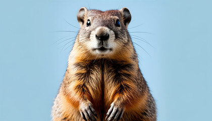 Fototapeta premium Curious Groundhog Standing Against Blue Background