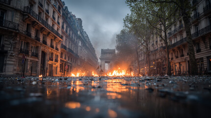 Paris, France - May 1, 2023: May Day demonstrations turned violent as some protesters ignited fires and vandalized businesses during labor celebrations