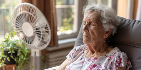 Senior woman relaxing in front of fan on a hot summer day.