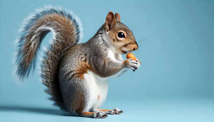 Adorable Squirrel Eating Nut Blue Background Studio Shot