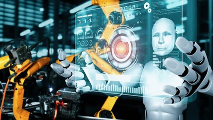 Cybernated industry robot and robotic arms for assembly in factory production . Concept of artificial intelligence for industrial revolution and automation manufacturing process . - Powered by Adobe