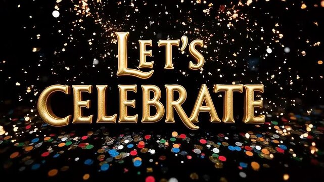 Golden lets celebrate text animation with colorful confetti falling on a black background.