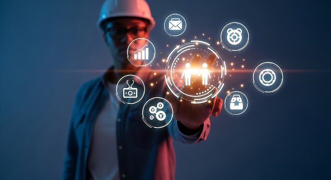 Construction worker showcases innovative technology integration for enhanced teamwork and collaboration.