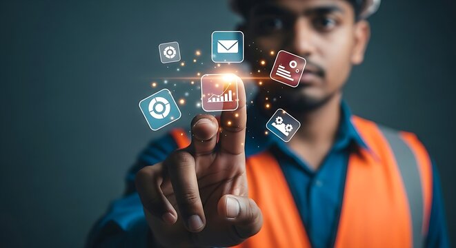 Construction worker touches virtual icons, showcasing digital solutions for modern construction and project management.