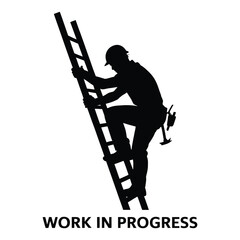 Construction worker climbing ladder silhouette work in progress isolated on white background