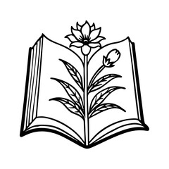Stylized black line art illustration of an open book with a blooming flower and bud growing from its pages isolated on white background isolated on transparent background