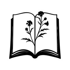 Black silhouette of an open book with a flowering plant growing from its pages isolated on white background isolated on transparent background