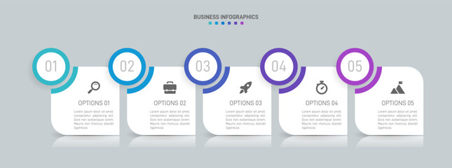 Horizontal progress bar featuring 5 arrow-shaped elements, symbolizing the five stages of business strategy and progression. Clean timeline infographic design template. Vector for presentation