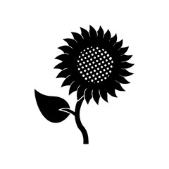 A simple black silhouette of a sunflower with a leaf and stem isolated on white background isolated on transparent background
