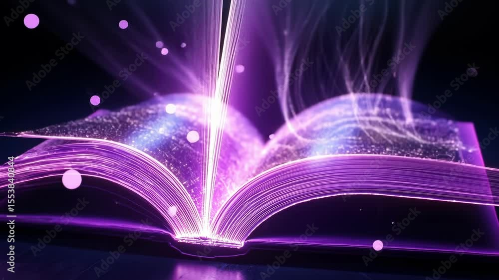 Poster a floating threedimensional book that opens to release swirling streams of light representing the fl
