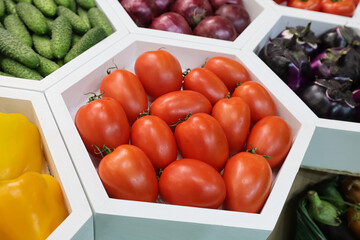 Fresh and appetizing tomatoes presented at a vegetable fair.