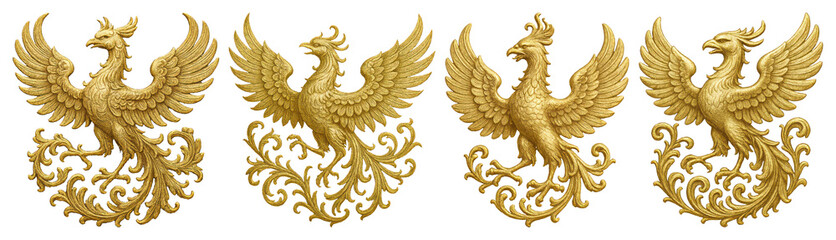 Obraz premium PNG Golden ornate phoenix designs, element set on transparent background
