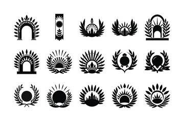 A Collection of Stylized Award Emblems Featuring Laurel Wreaths and Architectural and Natural Elements in Monochrome Design
