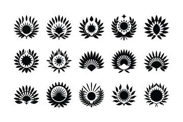Fototapeta premium Variety of Black and White Sun Emblems in Different Floral and Geometric Designs Ideal for Logos or Insignias