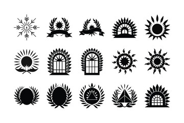 Collection of Varied Black and White Heraldic Emblems Featuring Floral Geometric and Architectural Elements Ideal for Logos and Design